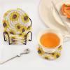 Aflyko Spring Coasters for Drink Sunflower Cute Coaster Set with Metal Holder Cotton Woven Coaster for Coffee Table Bistro Home Kitchen Island Housewarming Gift 6 Pack view 4
