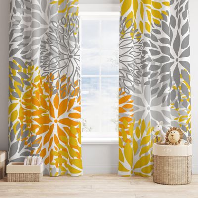 ShiTingYu Yellow Gray Floral Curtains, Boho Dahlia Chrisanthemum Flowers Colorful Window Treatments for Living Room Bedroom Kitchen, Floral Seamless Pattern Blackout Drapes 2 Panel Sets,84x84 Inch