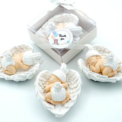 giftupstore Baby Shower Favor Set, 16 Stone Angel Magnets with Wings, Girl boy Gender Reveal Thank You Tags, Baptism & Communion Favors (White)