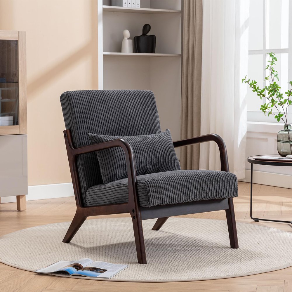 Akeysous Accent Chair Mid Century Modern Chair, Living Room Chairs with Pillow Upholstered Lounge Arm Chair Reading Chair with Solid Wood Frame & Corduroy Fabrics for Living Room Bedroom