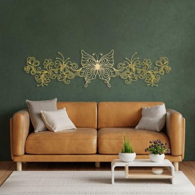 Kewhush Metal Butterfly Wall Decor, Metal Wall Animal Art, Metal Flowers Wall Decor, Bedroom Wall Decor Above Bed, Metal Minimalist Wall Art, Metal Wall Art for Bedroom (47"x12" | 120x30.5 cm, Gold)