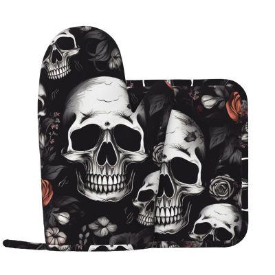 AdaNti Black Floral Skull Print Oven Mitts and Pot Holders Set 2 Pcs Heat Resistant Kitchen Oven Gloves Non-Slip BBQ Gloves Waterproof Hot Pads for Barbecue Cooking Baking Kitchen Decor
