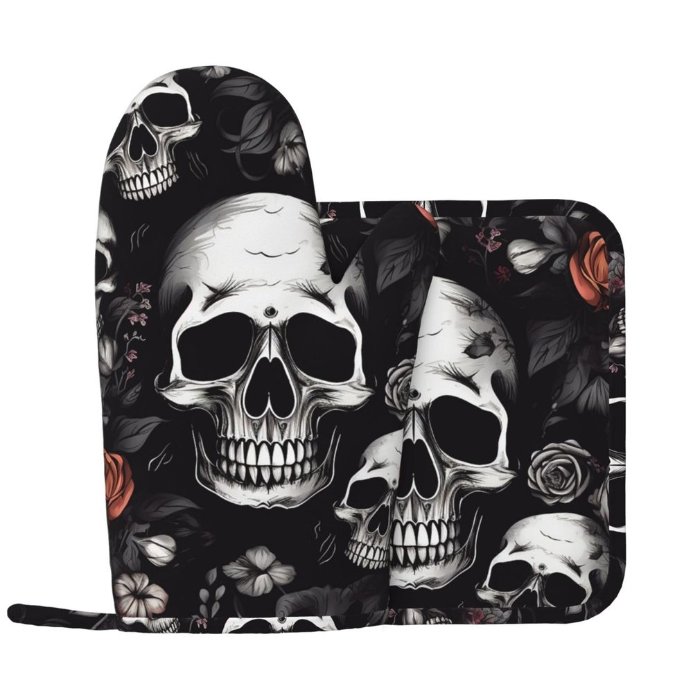AdaNti Black Floral Skull Print Oven Mitts and Pot Holders Set 2 Pcs Heat Resistant Kitchen Oven Gloves Non-Slip BBQ Gloves Waterproof Hot Pads for Barbecue Cooking Baking Kitchen Decor