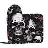 AdaNti Black Floral Skull Print Oven Mitts and Pot Holders Set 2 Pcs Heat Resistant Kitchen Oven Gloves Non-Slip BBQ Gloves Waterproof Hot Pads for Barbecue Cooking Baking Kitchen Decor view 1