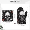 AdaNti Black Floral Skull Print Oven Mitts and Pot Holders Set 2 Pcs Heat Resistant Kitchen Oven Gloves Non-Slip BBQ Gloves Waterproof Hot Pads for Barbecue Cooking Baking Kitchen Decor view 3