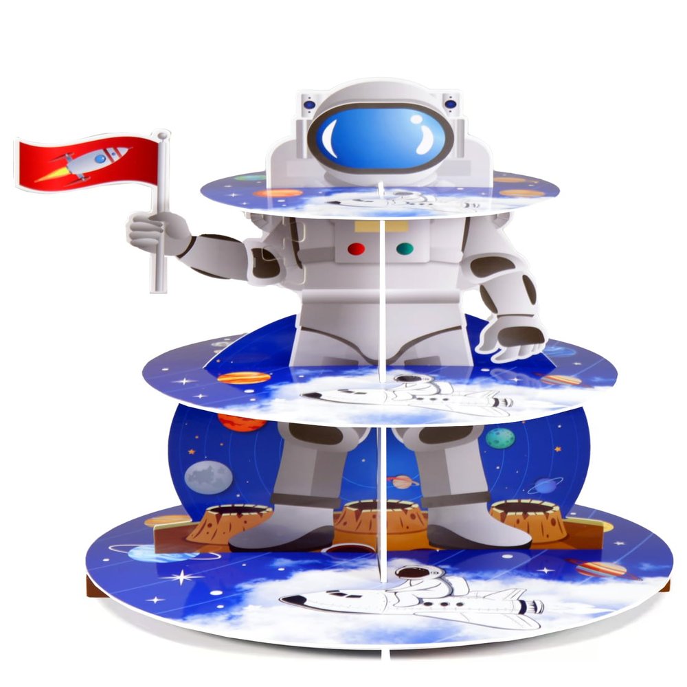 Airduan Space Astronaut Cupcake Stand Space Themed Birthday Party Decorations 3-Tier Cardboard Cupcake Holder stand Galaxy Style Dessert Tower Display for Party Supplies