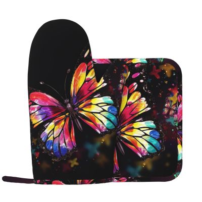 RLDOBOFE Colorful Butterfly Oven Mitts and Pot Holders Sets of 2 High Heat Resistant Hot Pads Waterproof Kitchen Oven Gloves Potholders Non-Slip Mitten Gloves for BBQ Cooking Baking Kitchen Decor