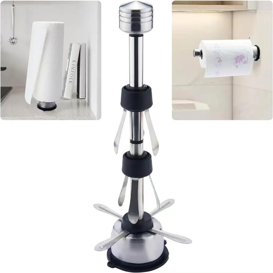 Stainless Steel Paper Towel Holder Stand Designed for Easy One- Handed Operation - This Sturdy Weighted Paper Towel Holder Countertop Model Has Suction Cups and Holds All Paper Towel Rolls