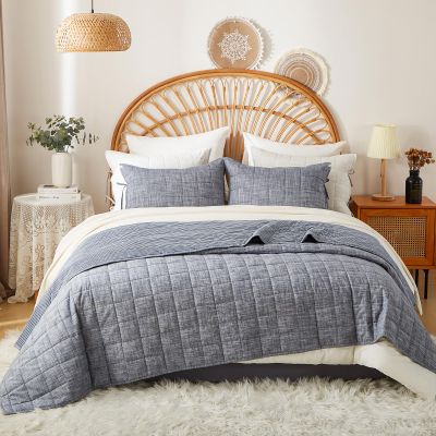 softpage Navy Quilts Queen Size Cotton Bedspreads Queen Size3-Pieces Queen Quilt Set with Blue Stripe Bedding Coverlet Light Weight Quilted Blanket with 2 Pillow Shams