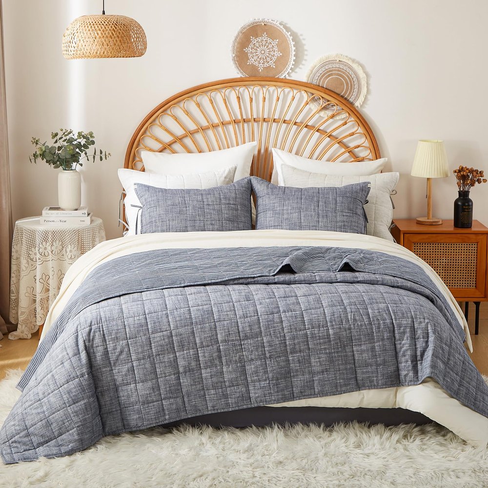 softpage Navy Quilts Queen Size Cotton Bedspreads Queen Size3-Pieces Queen Quilt Set with Blue Stripe Bedding Coverlet Light Weight Quilted Blanket with 2 Pillow Shams