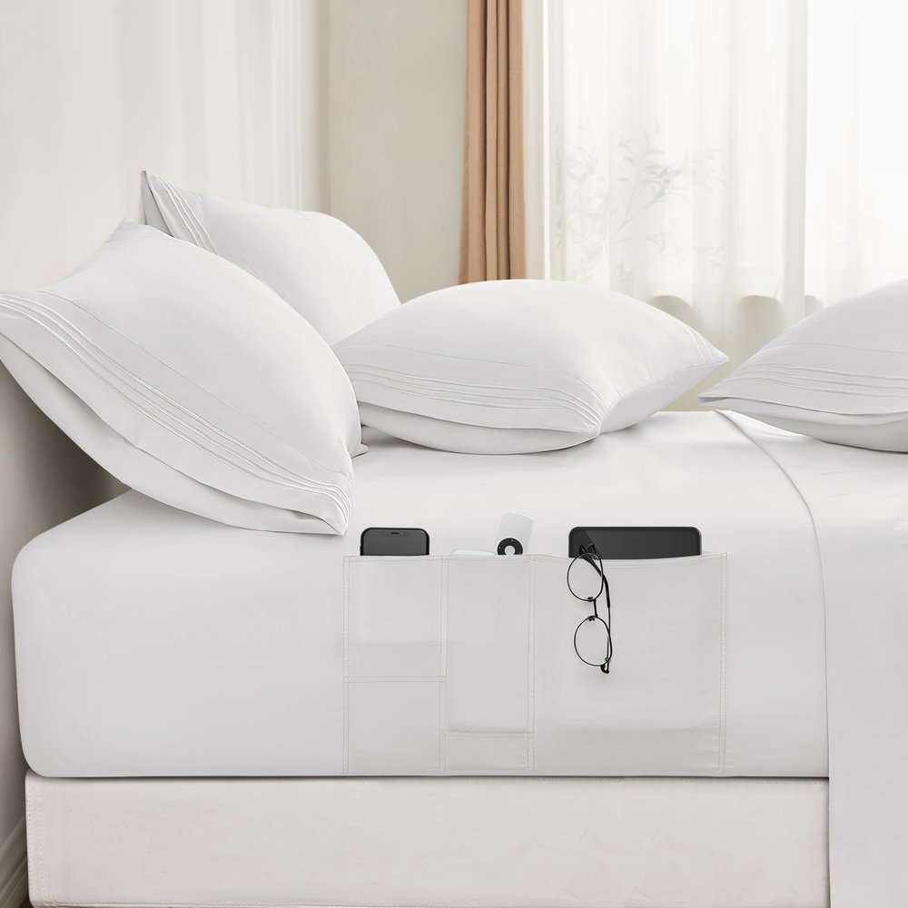 BYSURE 6 Pieces Bed Sheets Set with Pockets on Side(King, White), Sweat-Wicking Breathable Sheets, 16-inch Super Soft Hotel Embroidered Microfiber Sheet Set