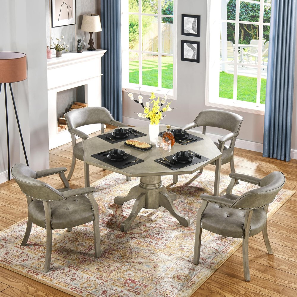 Large Set of 4 Solid Wood Dining Chairs with Upholstered,Office Desk Chair with Arms and Metal Rivets. PU Boss Captain's Chairs,Classic Accent Chairs for Home,Grey Legs & Rhino Grey CY-NX173UA