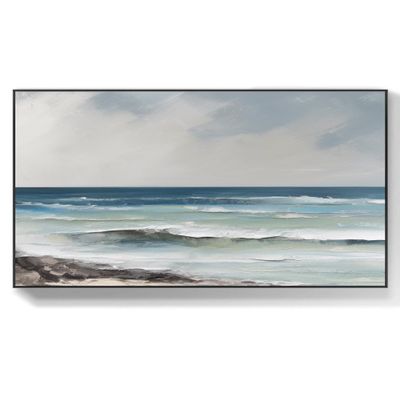 Abstract ocean, blue, seascape texture painting, 100% hand painted, living room wall decoration, acrylic abstract oil painting, office,(51 * 102cm) 20 * 40 Inches,Stretch+Black Frame
