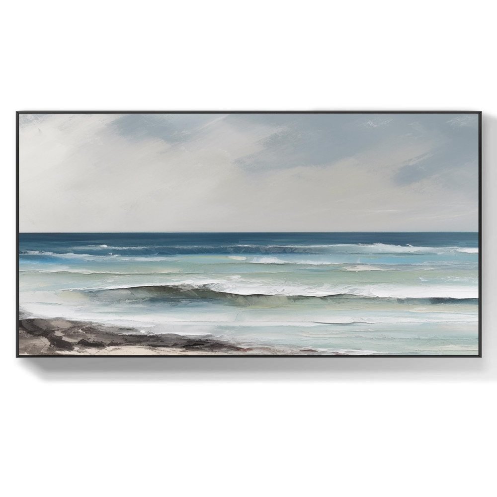 Abstract ocean, blue, seascape texture painting, 100% hand painted, living room wall decoration, acrylic abstract oil painting, office,(51 * 102cm) 20 * 40 Inches,Stretch+Black Frame