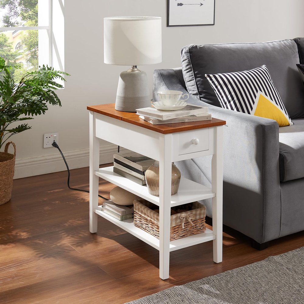 Narrow End Table with Charging Station, Side Table with 2 USB Ports & 2 Outlets, Nightstand with Storage, Sofa Bedside Table with 2 Open Storage Shelves & Drawer, Farmhouse End Table for Living Room W