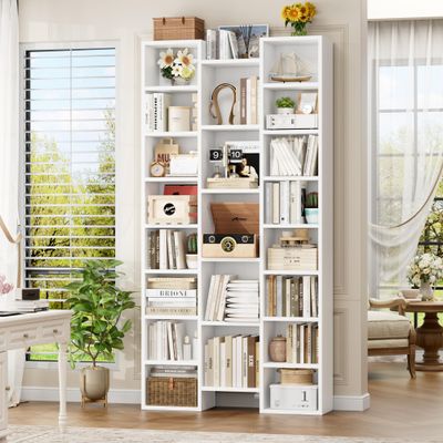 FOTOSOK 71White Bookshelf, Triple Wide Bookshelf with Adjustable Shelves, 8 Tier Media CD DVD Storage Tower Rack, Diaplay Cabinet Shelf, Tall Bookcase for Home Office, White