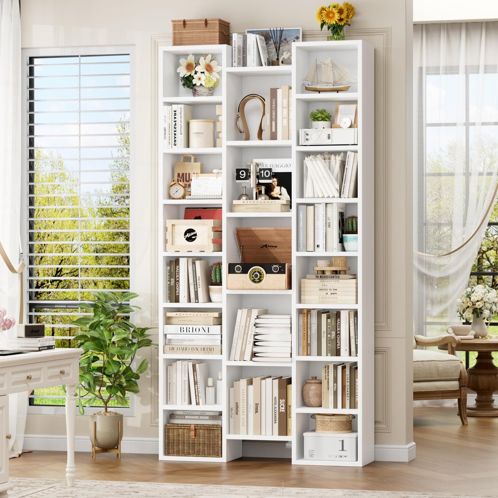 FOTOSOK 71White Bookshelf, Triple Wide Bookshelf with Adjustable Shelves, 8 Tier Media CD DVD Storage Tower Rack, Diaplay Cabinet Shelf, Tall Bookcase for Home Office, White