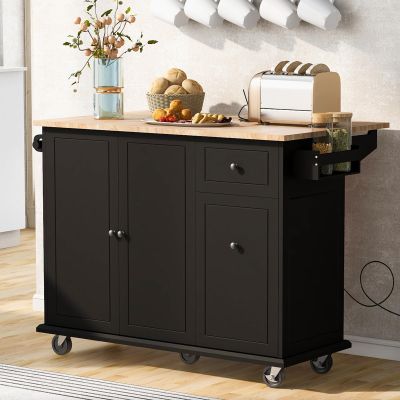 Modern Kitchen Island, Kitchen Island Cart with Drop Leaf, Internal Storage Rack and 3 Tier Pull Out Cabinet Organizer, Rolling Coffee Bar on Wheels, Kitchen Storage Cart for Dining Room, Black