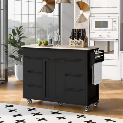 GOTOME Kitchen Island with Storage Island Cart with 8 Handle-Free Drawers Rolling Mobile Island Table with a Flatware Organizer 5 Wheels for Dining Room Home Bar(Black/KC-SK02AAB, 53.15"*18.5 "*37")