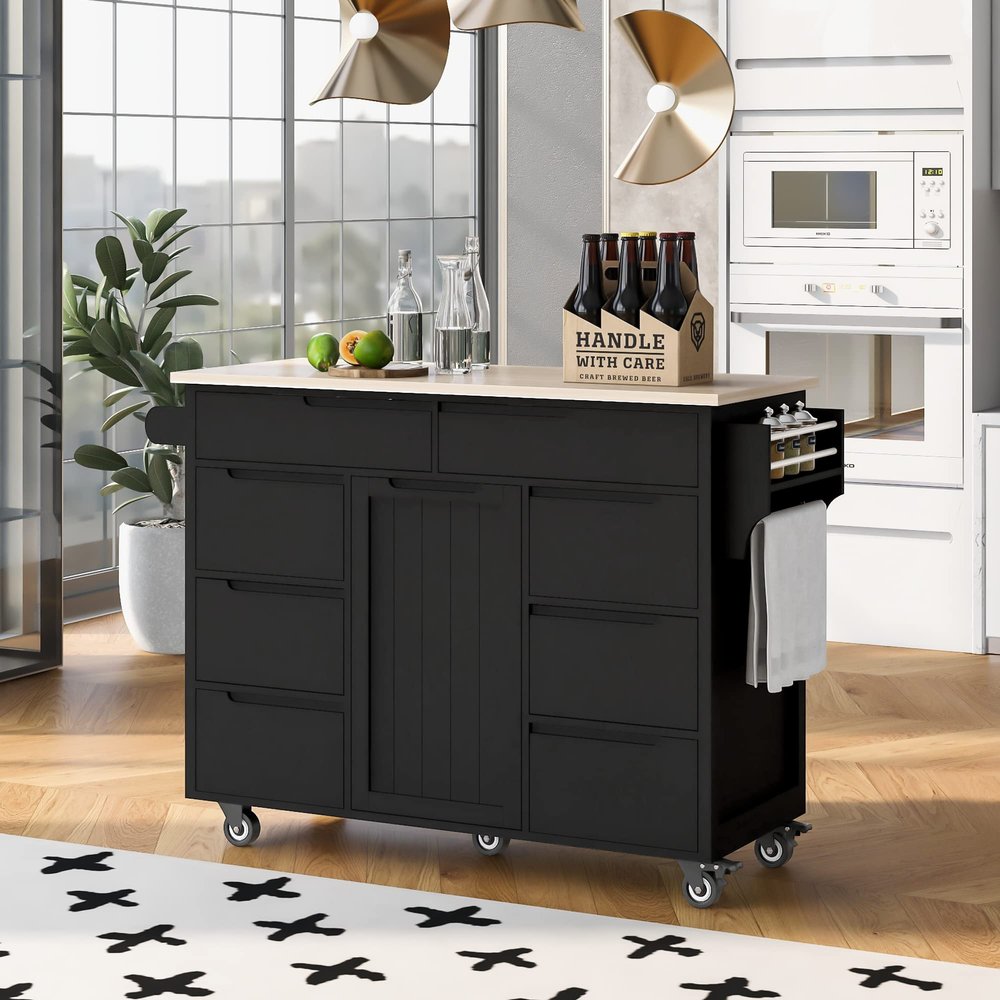GOTOME Kitchen Island with Storage Island Cart with 8 Handle-Free Drawers Rolling Mobile Island Table with a Flatware Organizer 5 Wheels for Dining Room Home Bar(Black/KC-SK02AAB, 53.15"*18.5 "*37")