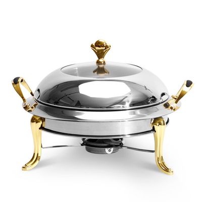 GFHVDC Round Stainless Steel Gold Accented Chafer,2.5L Catering Chafers Food Warmer, Stainless Steel Chafing Dish Durable Buffet Warmers with Fuel Holder for Kitchen Indoor,Gold,26CM