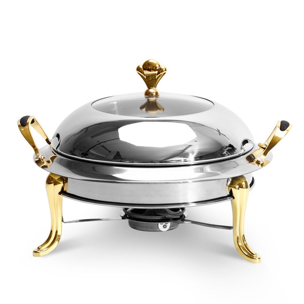 GFHVDC Round Stainless Steel Gold Accented Chafer,2.5L Catering Chafers Food Warmer, Stainless Steel Chafing Dish Durable Buffet Warmers with Fuel Holder for Kitchen Indoor,Gold,26CM