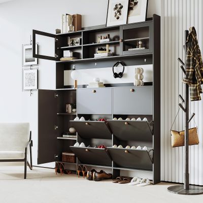 Multifunctional Shoe Cabinet with Storage Shelf & 6 Flip Drawers, Modern Large Hall Tree with Tempered Glass Doors, Elegant Foyer Shoe Rack Cabinet Hall Tree with 4 Hooks for Hallway, Black