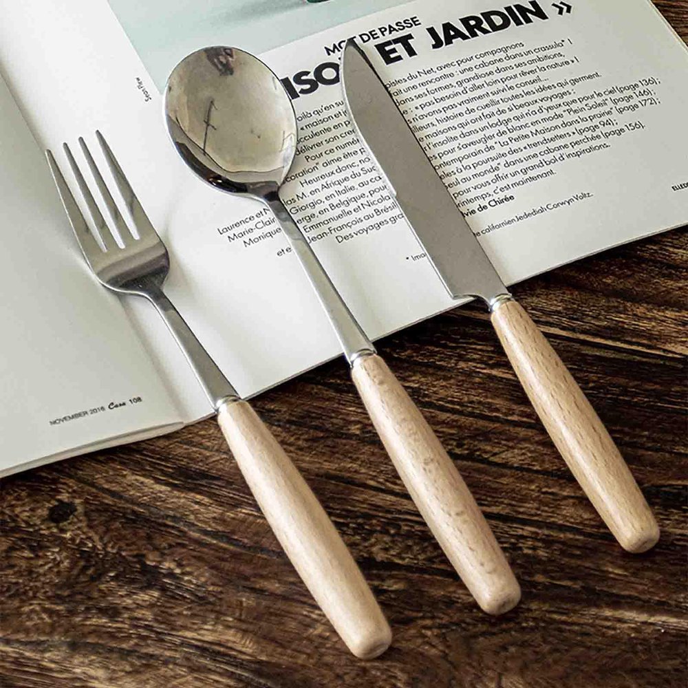 Beige Silverware Set for 16, 48 Piece Wooden handles Stainless Steel Tableware in Ergonomic Design Size and Weight Food Grade Stainless Steel Including Steak Knife Fork and Spoon for Christmas