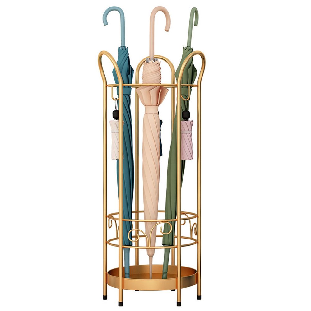 HUHJYUGE Umbrella Rack Stand, Free Standing Umbrella Holder, Metal Umbrella Storage Rack, with Drip Tray and 3 Hooks, Indoor Outdoor Entry Hallway Dcor Round Style (A)