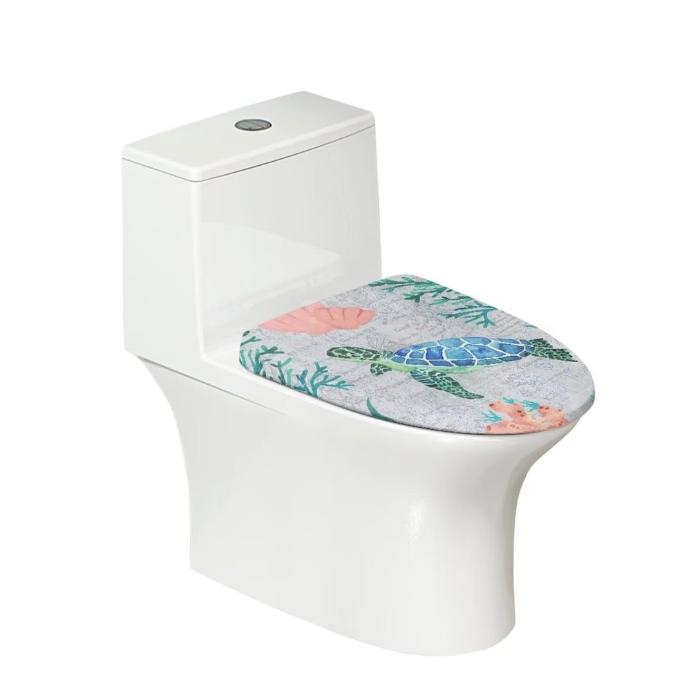 Babrukda Vintage Sea Turtle Print Toilet Cushion Elongated Toilet Lid Seat Cover, Elastic Edge Non-slip Stay in Place Standard Oblong Bathroom Toilet Accessories