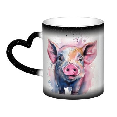 Dwrepo Watercolor Pig Art Print Color Changing Mug Ceramic Coffee Mug Funny Heat Sensitive Mug Creative Tea Cup For Office Home Gift