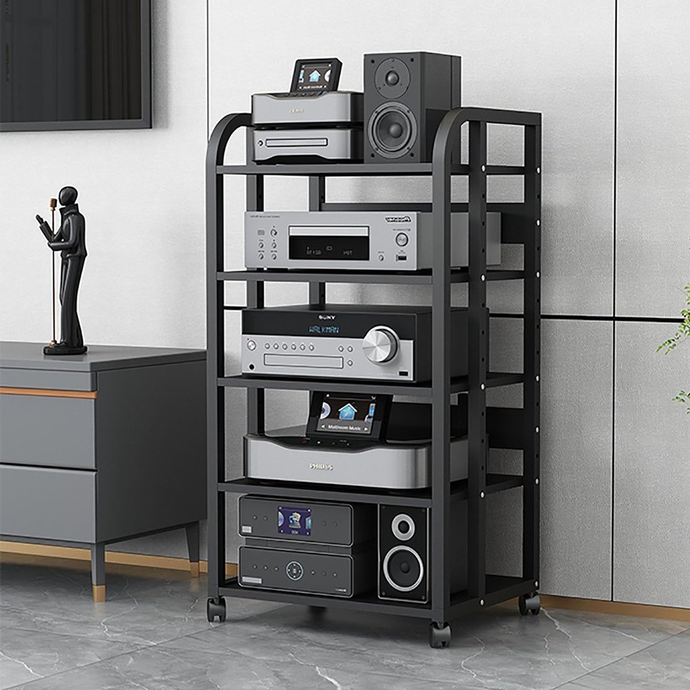 5 Tiers AV Media Stand Corner Shelf, CD Rack Entertainment Stereo Component Organizer with Height Adjustable Wooden Shelf, for Home/Office/Audio Video/DJ/Theater
