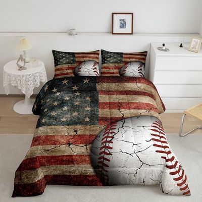 Erosebridal American Flag Comforter Set, Boys Baseball Bedding Set Full Size Sports Games Down Comforter United States Federations Stars Stripes Quilt for Kids Teens Bedroom, Baseball Gift for Boys