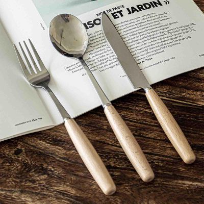 Beige Silverware Set for 12, 36 Piece Wooden handles Stainless Steel Tableware in Ergonomic Design Size and Weight Food Grade Stainless Steel Including Steak Knife Fork and Spoon for Christmas