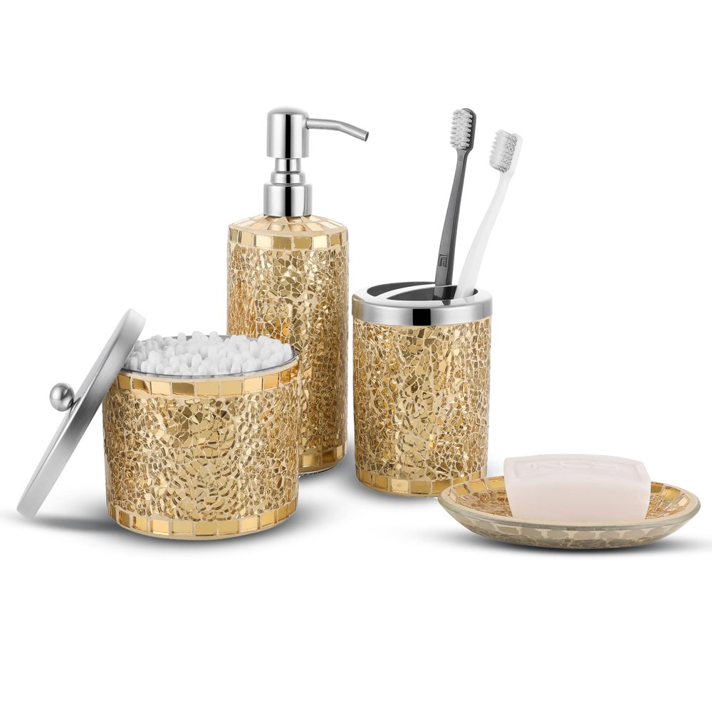 Joitsvia Bathroom Accessory Set, 4 Pcs Gold Bathroom Accessories Sets, Include Soap Dispenser, Cotton Swab Jars, Tooth Brush Holder and Soap Dish