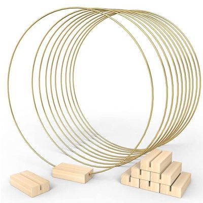 POTRUWE 10PCS Metal Floral Hoops Centerpiece with Wood Place Card Holders, Wreath Macrame Gold Hoop Rings for DIY Wedding Table Decor Dream Catcher