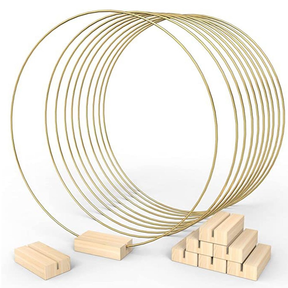 POTRUWE 10PCS Metal Floral Hoops Centerpiece with Wood Place Card Holders, Wreath Macrame Gold Hoop Rings for DIY Wedding Table Decor Dream Catcher