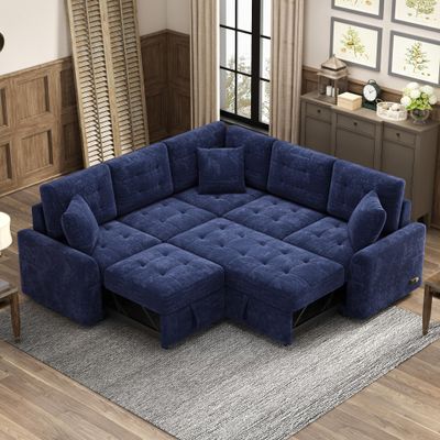 82.6" L Shaped sofa bed Couch, Sleeper Sectional Sofa Couch with Pullout Bed, Velvet Couch with Wheels & USB Ports & Power Sockets for Living Room, Modern Convertible sectional Sofa, Navy Blue