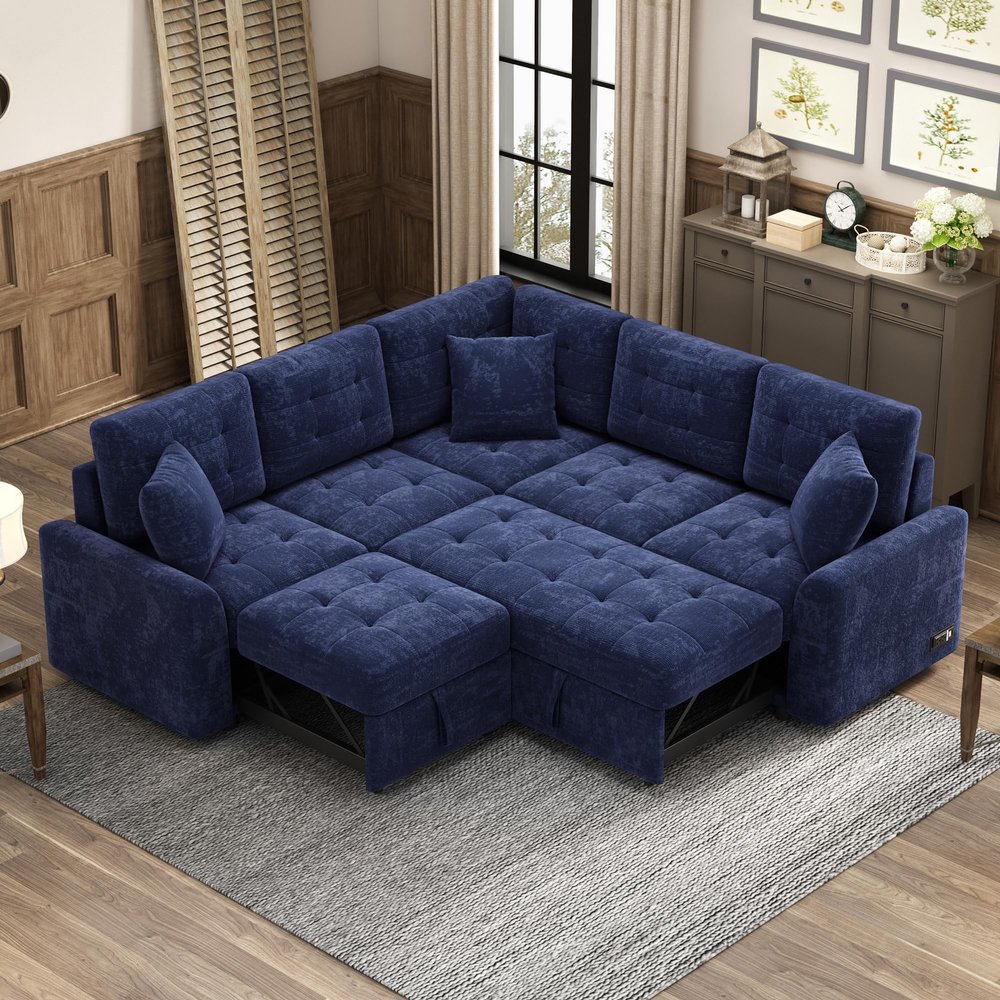 82.6" L Shaped sofa bed Couch, Sleeper Sectional Sofa Couch with Pullout Bed, Velvet Couch with Wheels & USB Ports & Power Sockets for Living Room, Modern Convertible sectional Sofa, Navy Blue