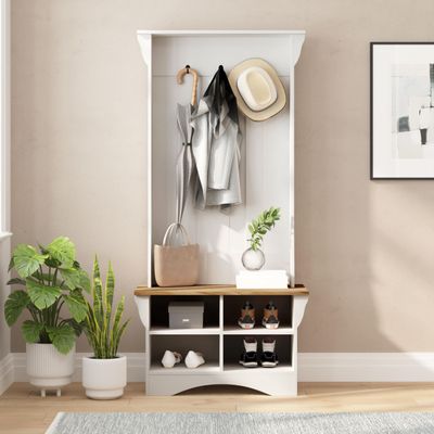 Taylor & Logan Olive Hall Tree with Divided Cubby Storage Bench and Coat Hooks, Set of 1, Weathered Natural Seat/Warm White Frame