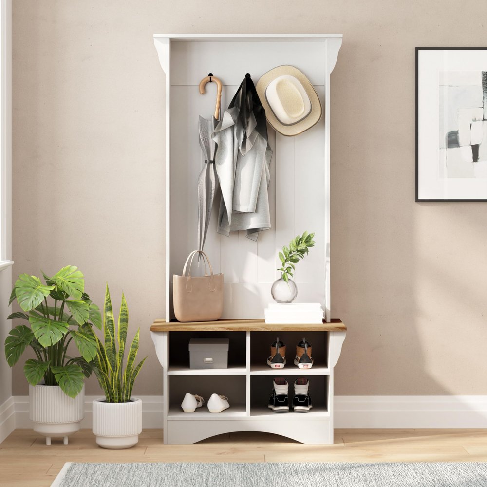 Taylor & Logan Olive Hall Tree with Divided Cubby Storage Bench and Coat Hooks, Set of 1, Weathered Natural Seat/Warm White Frame