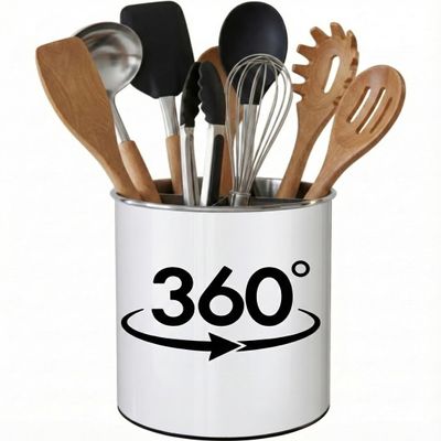 Cooler Kitchen White Rotating Extra Large Stainless Steel Utensil Holder Caddy with Sturdy No-Tip Weighted Base, Removable Divider, and Gripped Insert - Dishwasher Safe Metal Cooking Utensil Holder