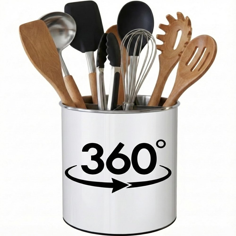 Cooler Kitchen White Rotating Extra Large Stainless Steel Utensil Holder Caddy with Sturdy No-Tip Weighted Base, Removable Divider, and Gripped Insert - Dishwasher Safe Metal Cooking Utensil Holder