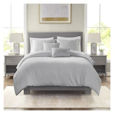 Bed, 5 Piece Jasper Bedding Comforter Set, Pleated Velvet, Queen, Grey