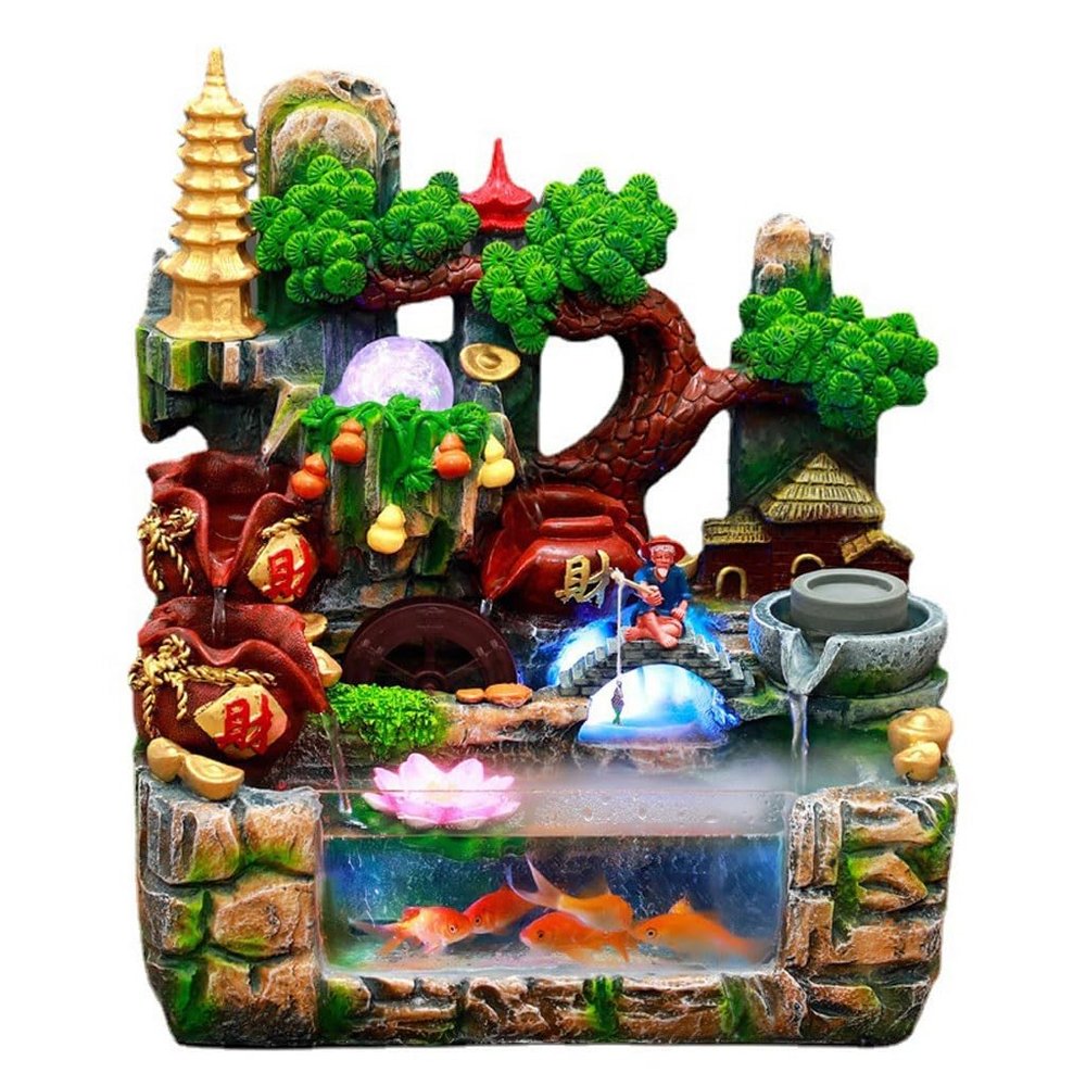 AMONG Tabletop Fountains Flowing Water Table Fountain with Transparent Glass Fish Tank Living Room Decoration Fortune Ornaments Indoor Waterfall Feature