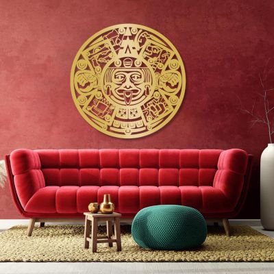 Aztec Calendar Metal Wall Art, Metal Mayan Calendar Wall Art, Southwest Decor, Aztec Metal Sign, Abstract Metal Wall Art, Round Metal Wall Decor, Metal Wall Decor for Living Room (24"x24" | 60x60 cm, Gold)