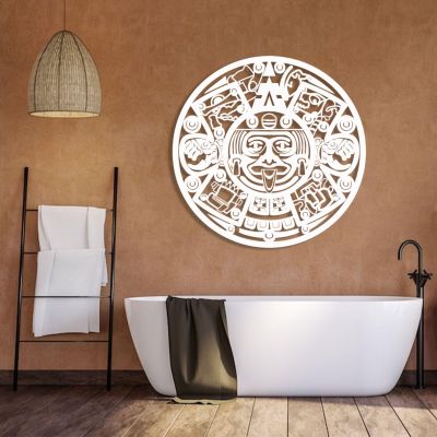 Aztec Calendar Metal Wall Art, Metal Mayan Calendar Wall Art, Southwest Decor, Aztec Metal Sign, Abstract Metal Wall Art, Round Metal Wall Decor, Metal Wall Decor for Living Room (30"x30" | 76x76 cm, White)
