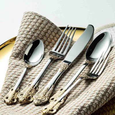18-Piece Silverware Set, IKXO Stainless Steel Flatware Service for 90, Palace Style Gold Rimmed Cutlery Include Knife/Fork/Spoon, Eating Utensil for Home, Mirror Polished