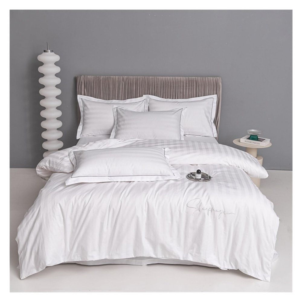 ADovz - Sliver Grey Stripes 100% Egyptian Cotton Jacquard Bedlinens Queen King Size Set Fitted Sheet Duvet Cover Bedding,Bed Sheets