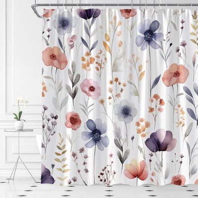 TENVSIN Watercolor Flower Shower Curtain Blue Pink Floral Modern Minimalist Spring Leaves Fabric Bathroom Decor Set with Hooks(47" WX70 H)